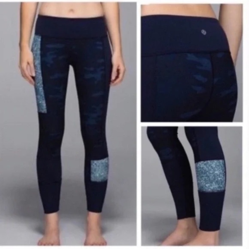 LULULEMON Sz 4 Wunder Under Pant Luon Sashiko Blue‎ Camo Patchwork Leggings